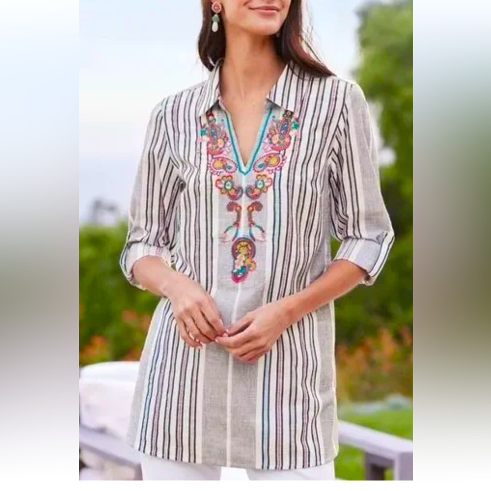 Soft Surroundings Brookhaven Embroidered Boho Longline Cotton Tunic Preppy